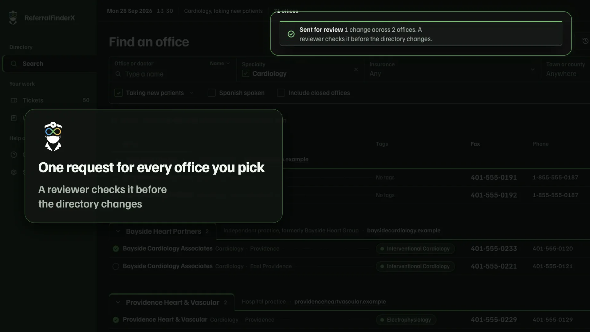 Suggest a change for a whole group: one request covers every office you pick, and a reviewer checks it before the directory changes