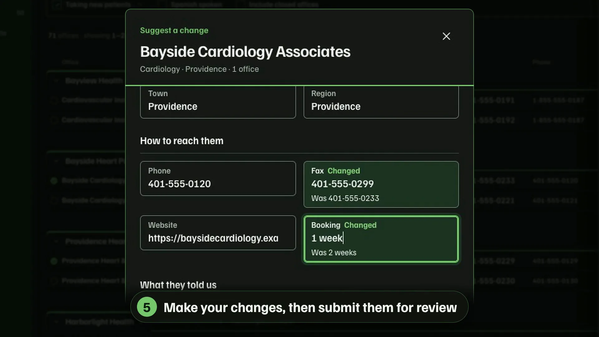 Suggest a change on Bayside Cardiology Associates: the fax and the booking wait both marked Changed, each with what it was before